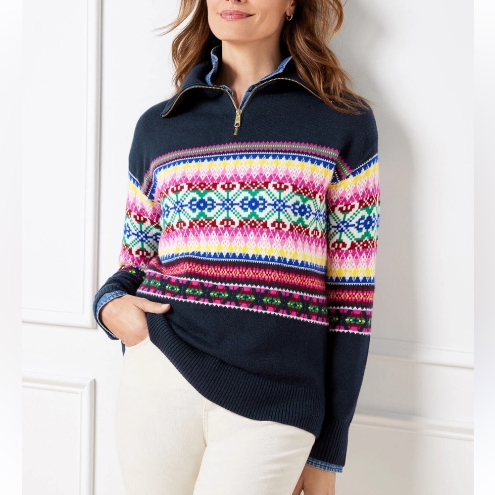 Talbots Navy Multicolor Fair Isle Long Sleeve 1/4 zip Sweater-Size Small